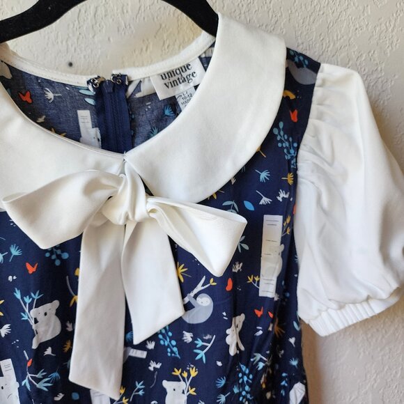 NWT Unique Vintage Navy Koala & Sloth Print Arden Babydoll Dress - Picture 3 of 8